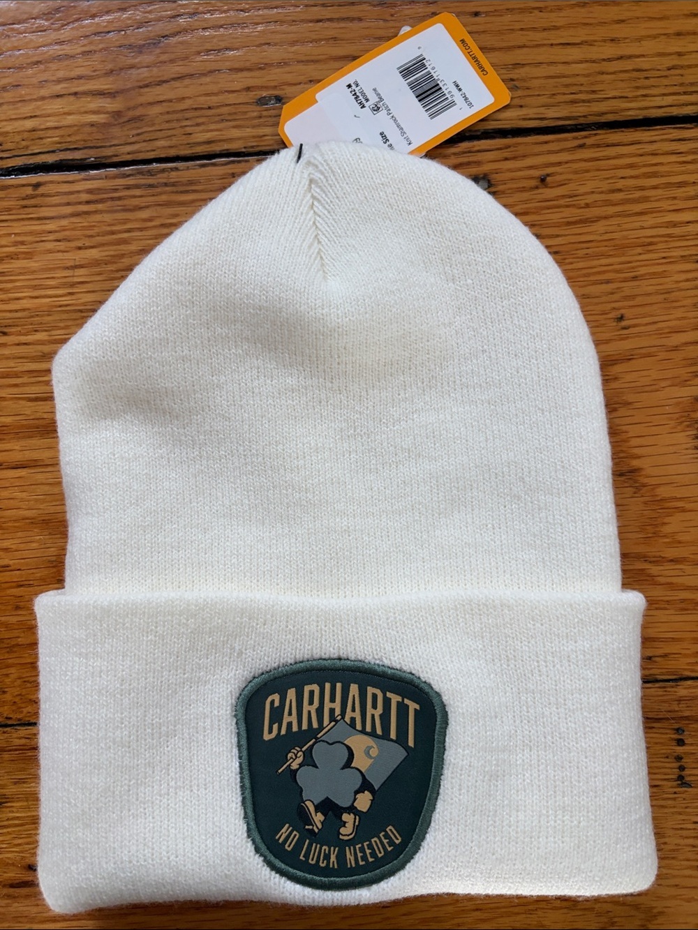 Carhartt Cream Cuffed Beanie with 'No Luck Needed' Patch
